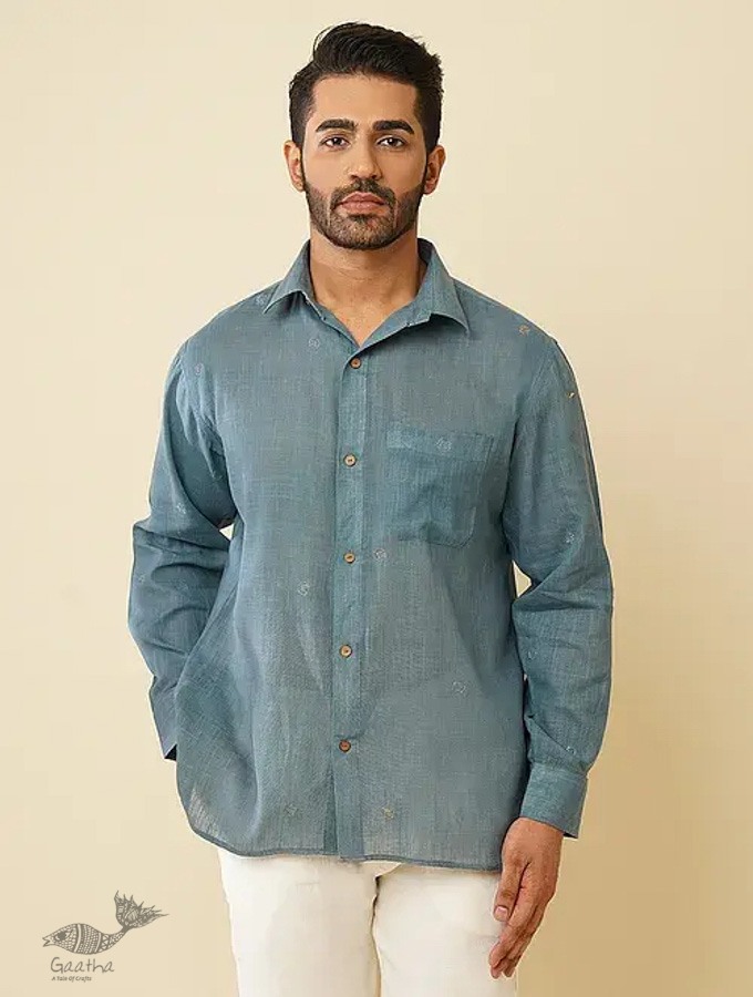 shop handloom cotton - Grey Men's Handwoven Shirt