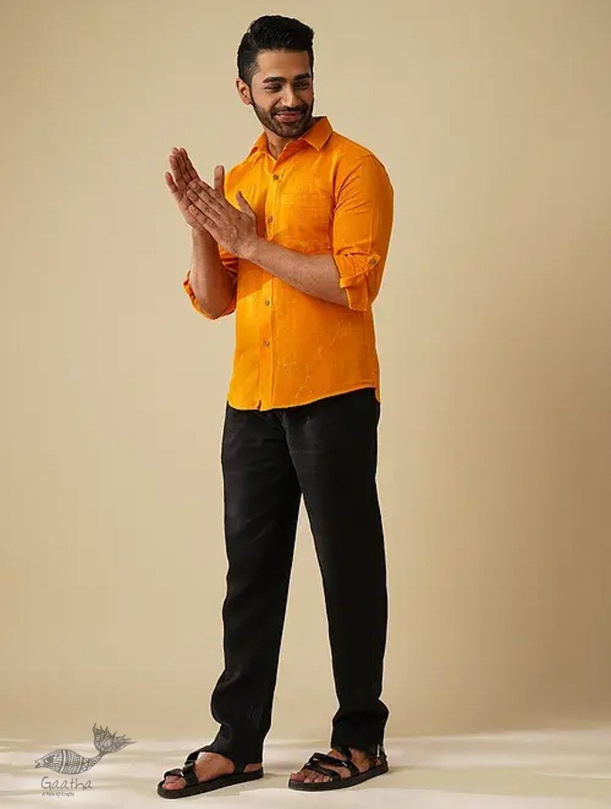 shop handloom cotton - Yellow Handwoven Men's Shirt