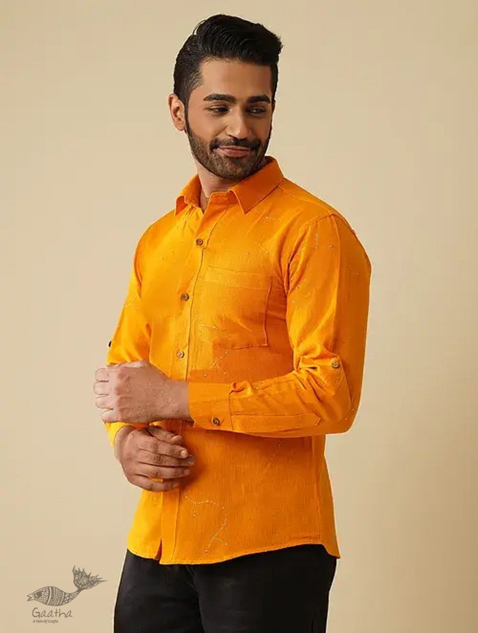 shop handloom cotton - Yellow Handwoven Men's Shirt