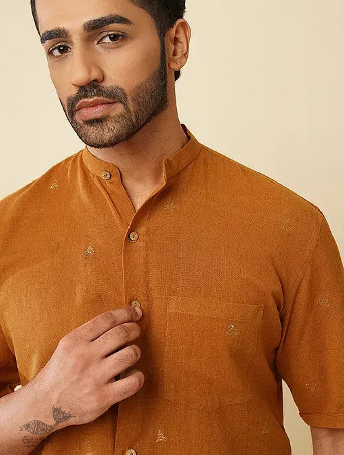 shop handloom cotton - Mustard Handwoven Men's Shirt