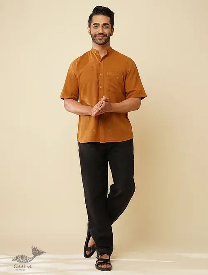 shop handloom cotton - Mustard Handwoven Men's Shirt