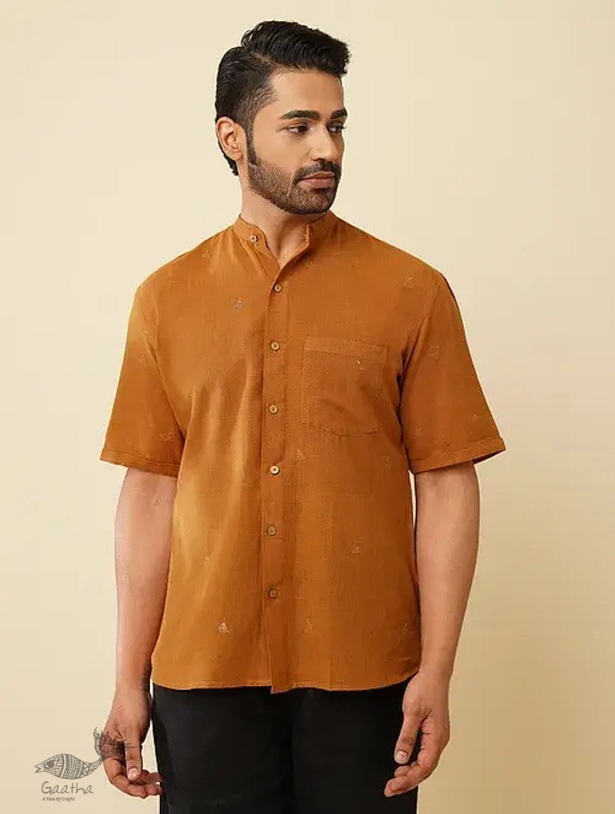 shop handloom cotton - Mustard Handwoven Men's Shirt