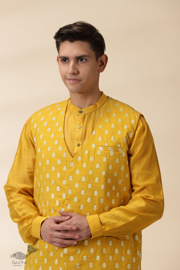 shop Yellow Chanderi Men Jacket & Kurta Set