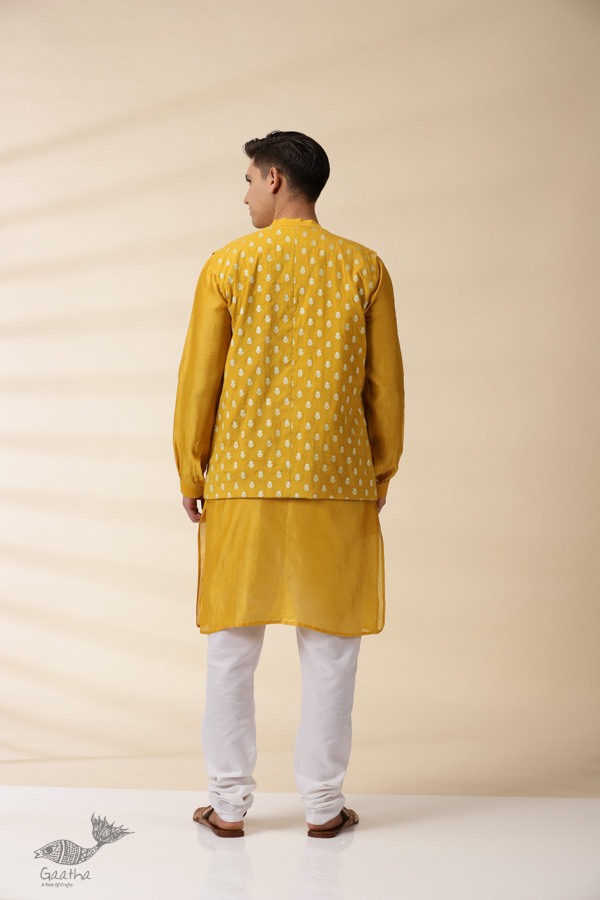 shop Yellow Chanderi Men Jacket & Kurta Set