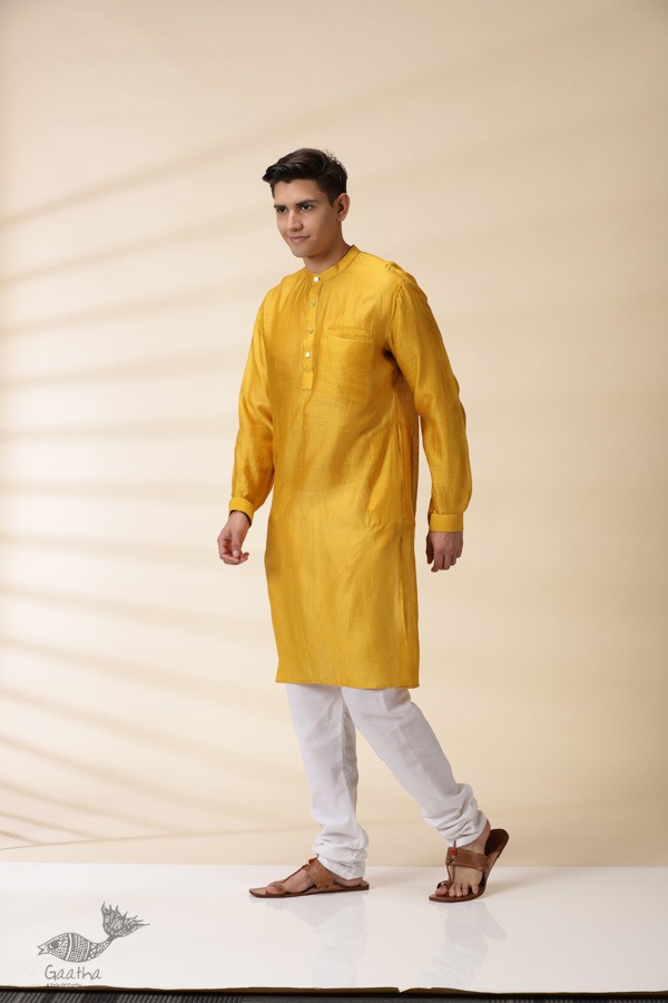 shop Yellow Chanderi Men Jacket & Kurta Set