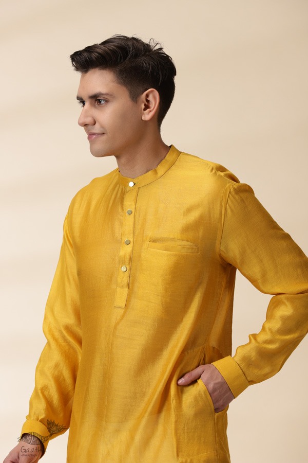 shop Yellow Chanderi Men Jacket & Kurta Set