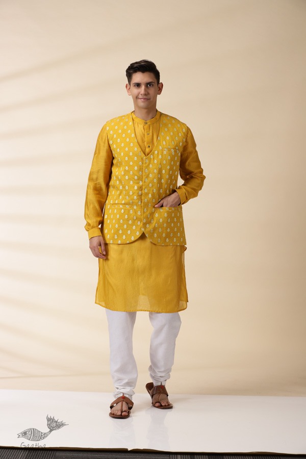 shop Yellow Chanderi Men Jacket & Kurta Set