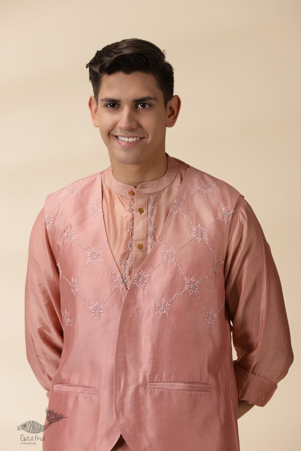 shop  Peach Chanderi Men Sadri & Kurta Set 