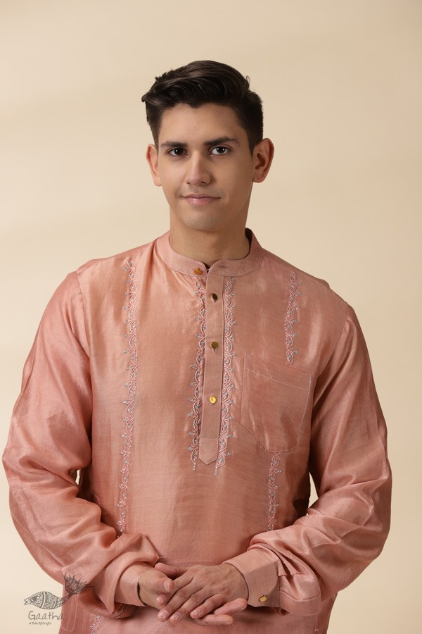 shop  Peach Chanderi Men Sadri & Kurta Set 