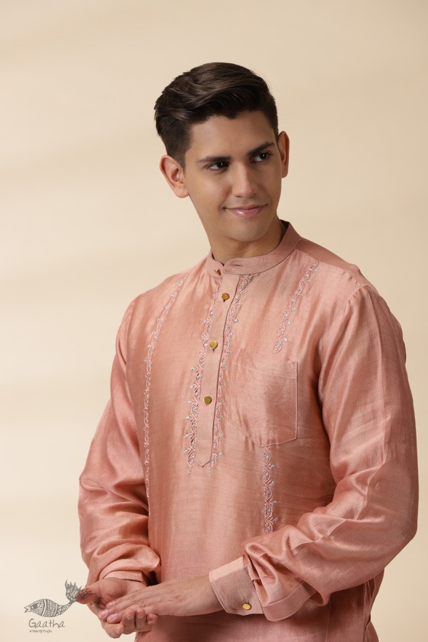 shop  Peach Chanderi Men Sadri & Kurta Set 