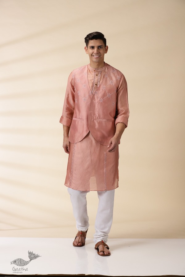 shop  Peach Chanderi Men Sadri & Kurta Set 