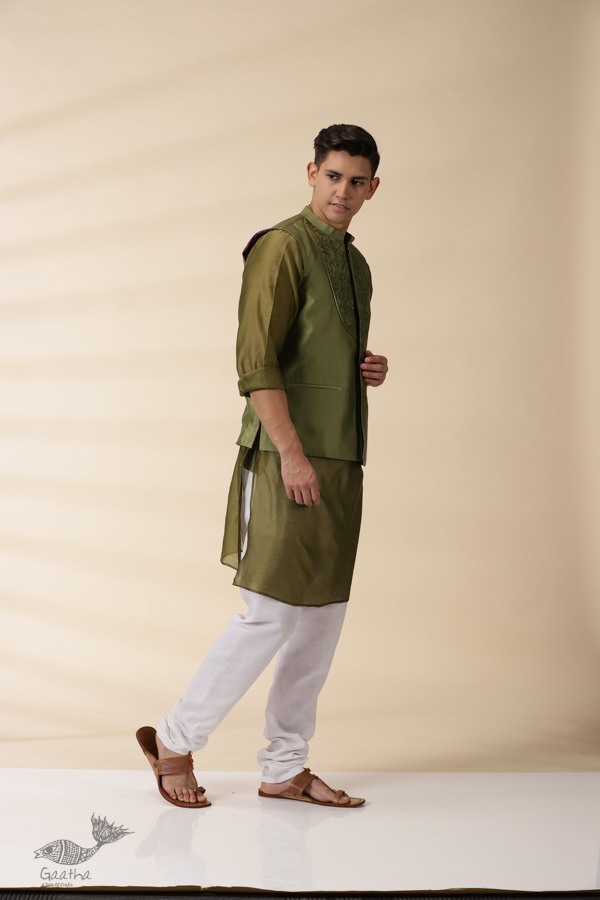 shop  Green Chanderi Men Nehru Jacket & Kurta Set 