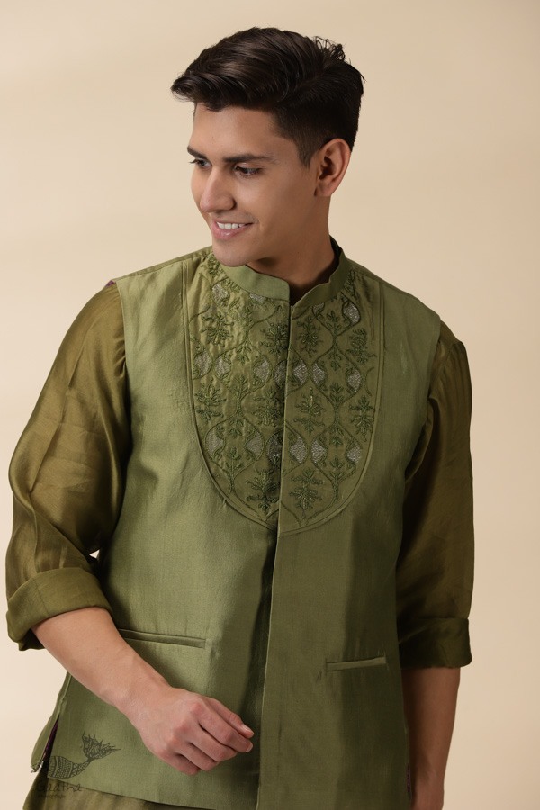 shop  Green Chanderi Men Nehru Jacket & Kurta Set 