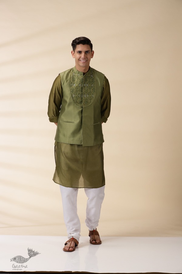 shop  Green Chanderi Men Nehru Jacket & Kurta Set 