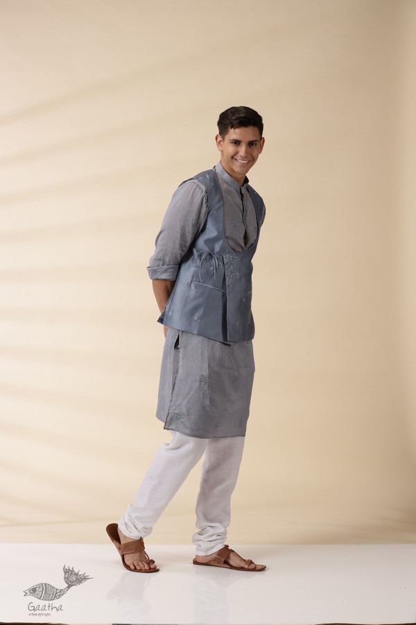 shop Grey Chanderi Men's Achkan Jacket & Kurta Set 