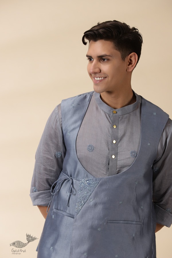 shop Grey Chanderi Men's Achkan Jacket & Kurta Set 