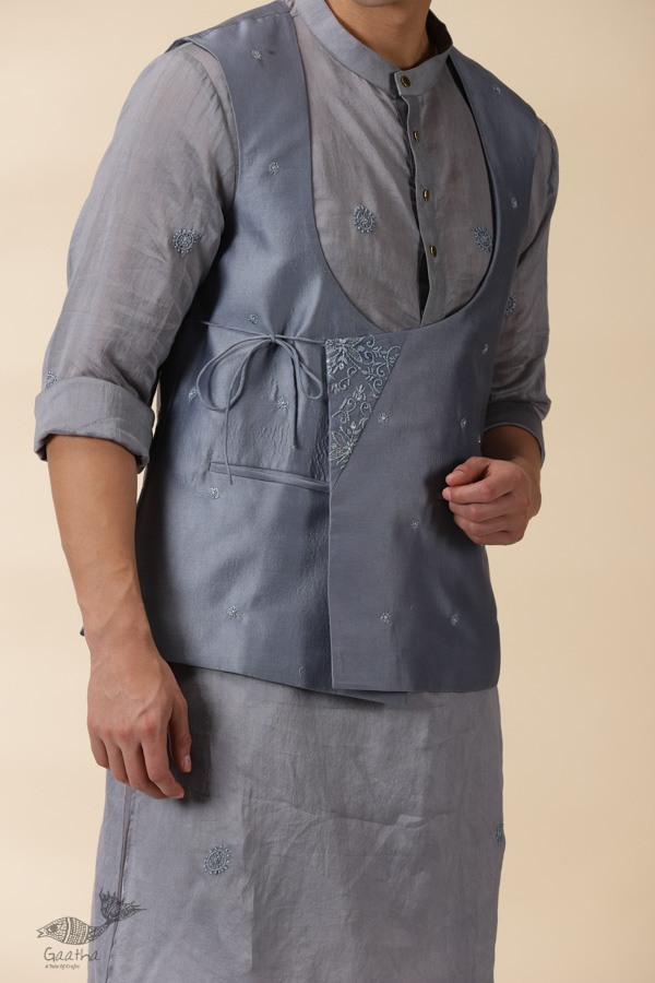 shop Grey Chanderi Men's Achkan Jacket & Kurta Set 