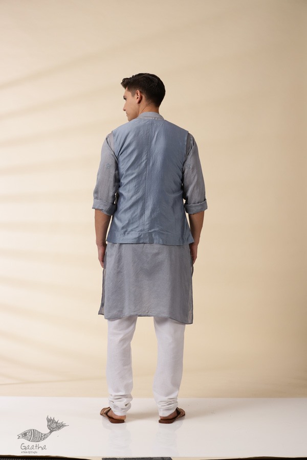 shop Grey Chanderi Men's Achkan Jacket & Kurta Set 