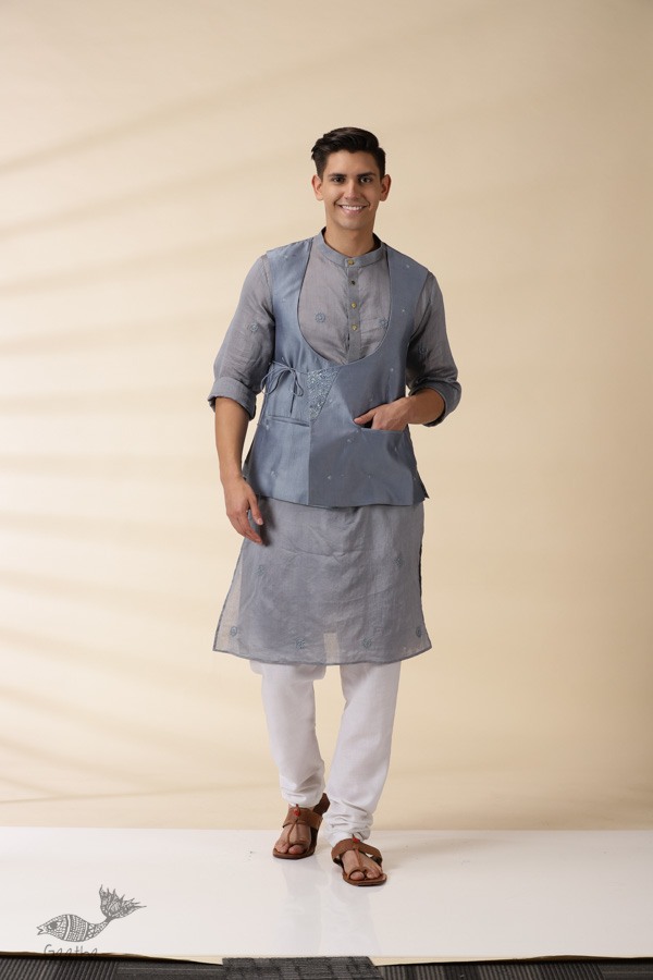 shop Grey Chanderi Men's Achkan Jacket & Kurta Set 