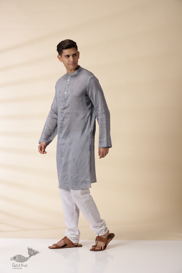 shop Grey Chanderi Men's Achkan Jacket & Kurta Set 