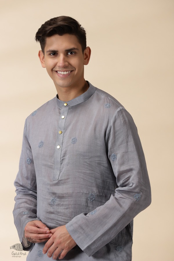 shop Grey Chanderi Men's Achkan Jacket & Kurta Set 