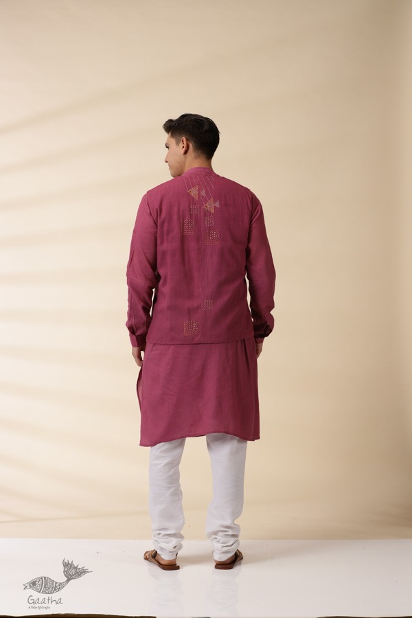 shop Majenta Handwoven Men Sadri & Kurta Set