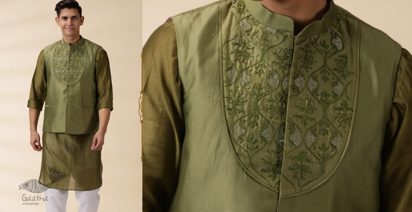 shop  Green Chanderi Men Nehru Jacket & Kurta Set 