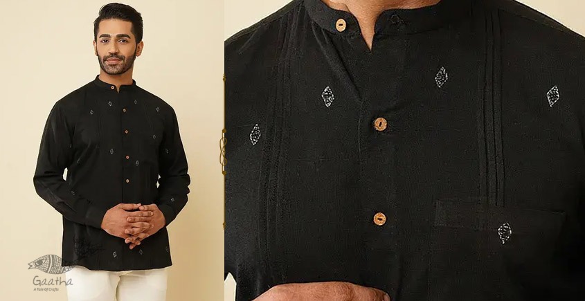 shop handloom cotton -Black Men's Handwoven Cotton Shirt