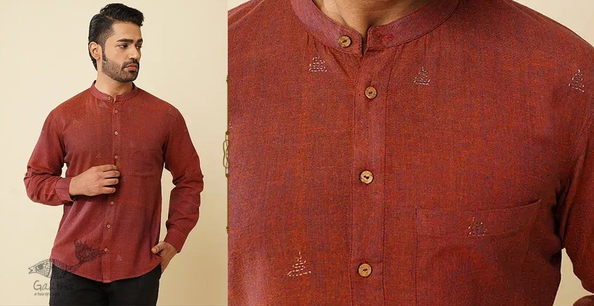 shop handloom cotton - Maroon Handwoven Man's Shirt