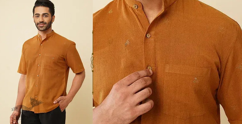 shop handloom cotton - Mustard Handwoven Men's Shirt