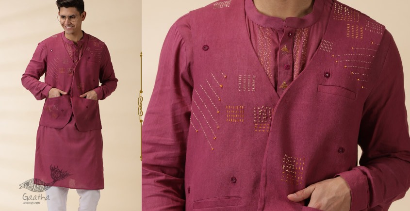 shop Majenta Handwoven Men Sadri & Kurta Set