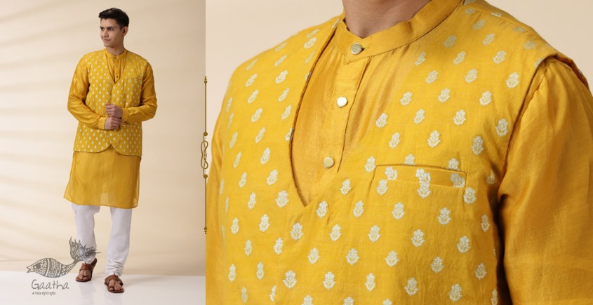 shop Yellow Chanderi Men Jacket & Kurta Set