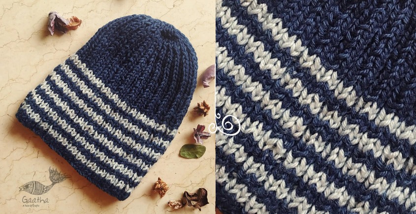 Hand Knitted ☃ Pure Woolen Cap ☃ Natural Color |  Indigo With White Stripes |