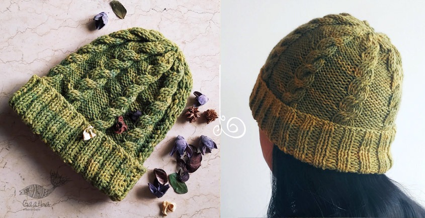 Hand Knitted ☃ Pure Woolen Cap ☃ Natural Color |  Moss Green |