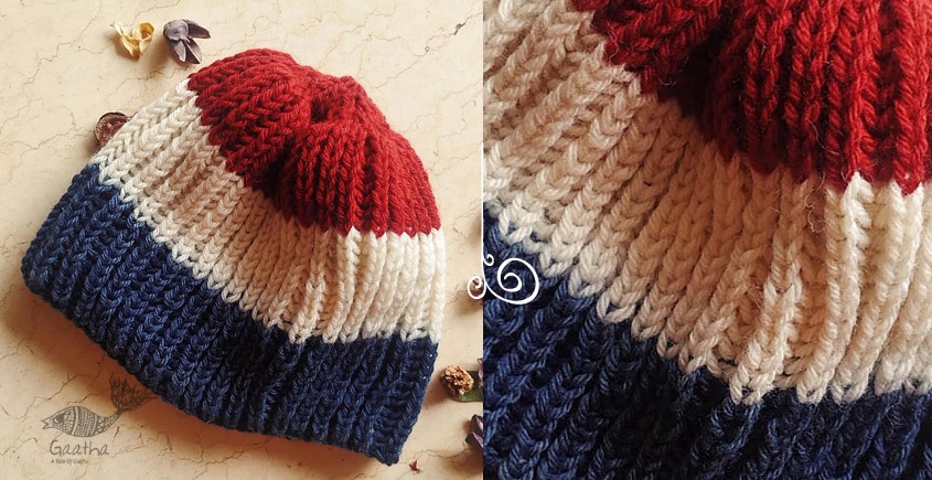 Hand Knitted ☃ Pure Woolen Cap ☃ Natural Color |  Red-Ecru-Indigo Rugby Stripes |