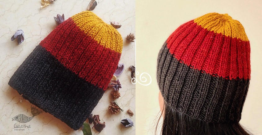 Hand Knitted ☃ Pure Woolen Cap ☃ Natural Color |  Yellow-Red-Black Rugby Stripe |