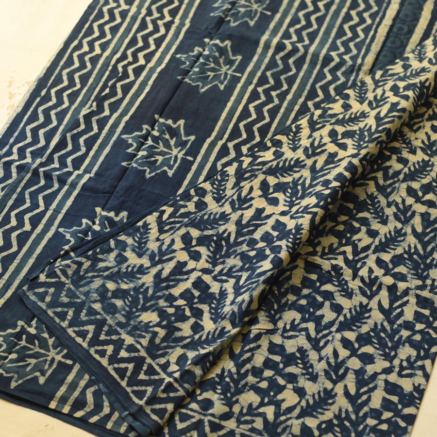 Exclusive Block Printed Cotton Dabu ~ Indigo Saree