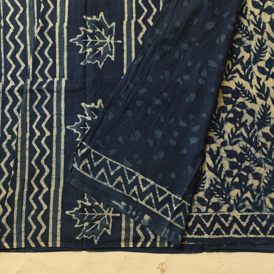 Exclusive Block Printed Cotton Dabu ~ Indigo Saree