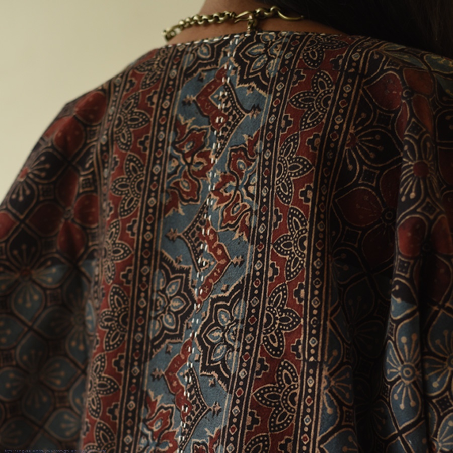 shop Reversible Ajrakh Block Printed & Denim Jacket  - Red