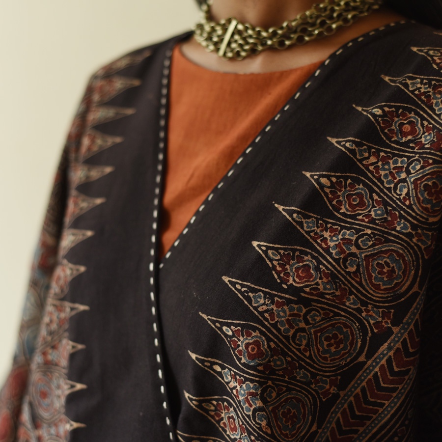 shop Reversible Ajrakh Block Printed & Denim Jacket  - Red