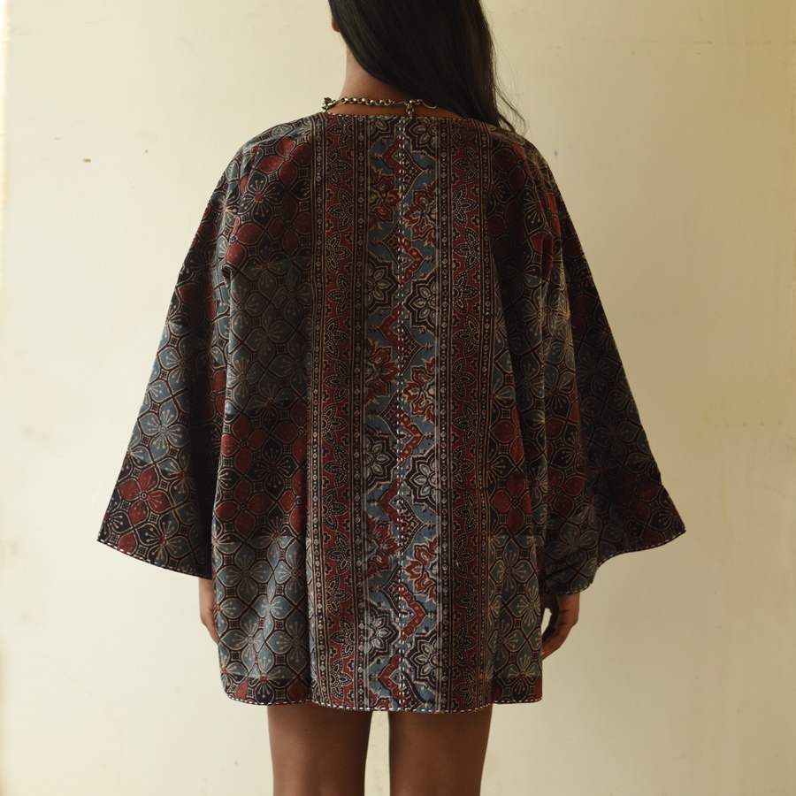 shop Reversible Ajrakh Block Printed & Denim Jacket  - Red