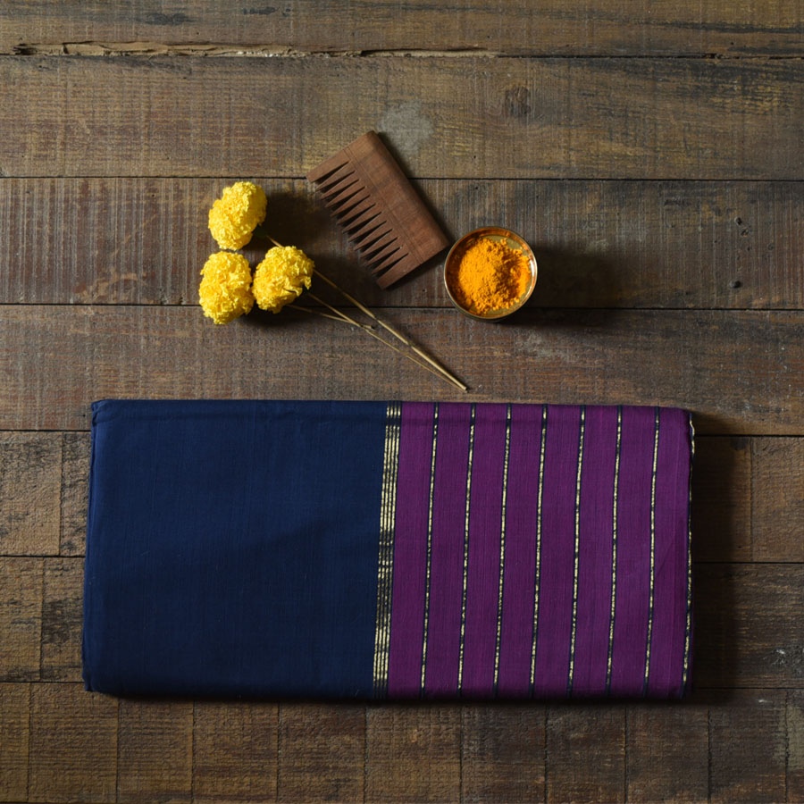 Handwoven cotton saree | - Navy Blue from Andhra Pradesh