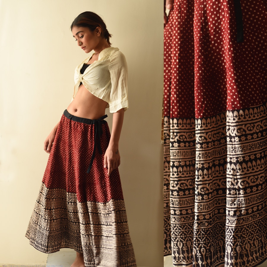 shop Natural Dyed Jawariya Block Printed A-Line Long Skirt