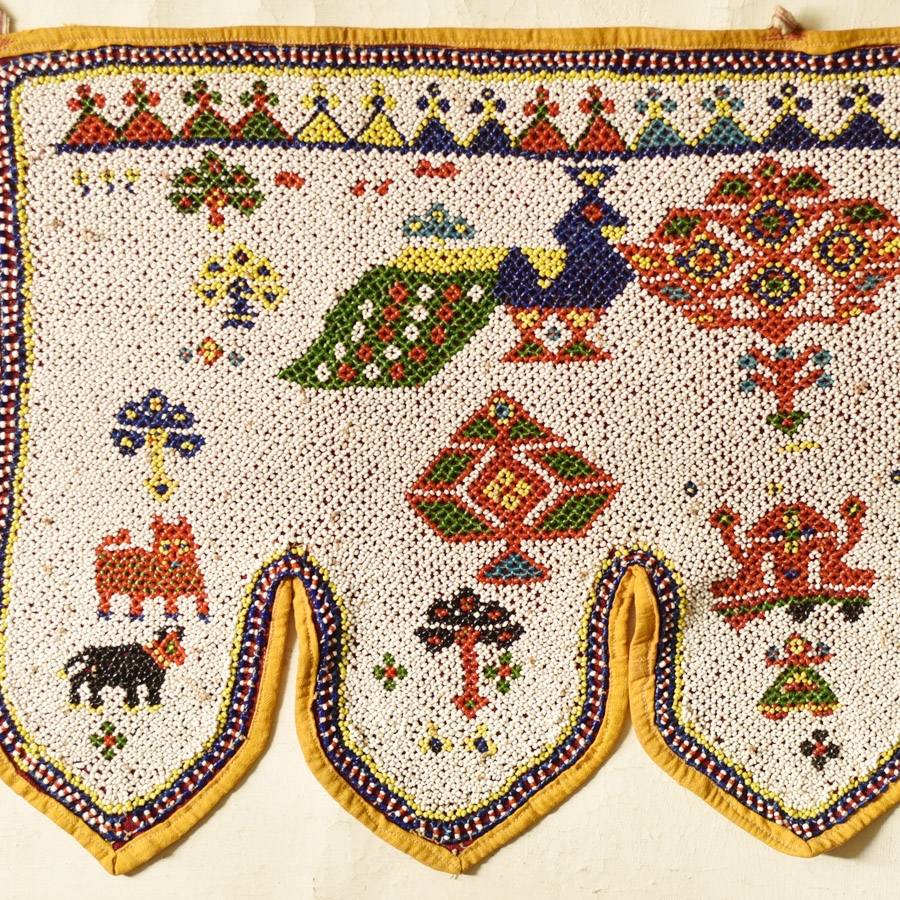 Gujrat Bead Work - Old & Antique Wall Hanging - Ganesh & Peacock