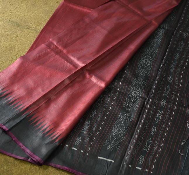 shop Pure Tussar Silk Maroom Saree With Black Border