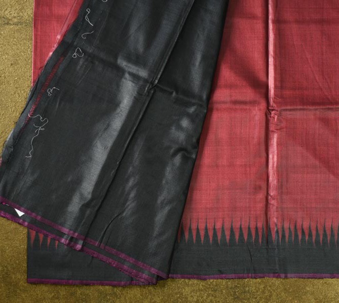 shop Pure Tussar Silk Maroom Saree With Black Border