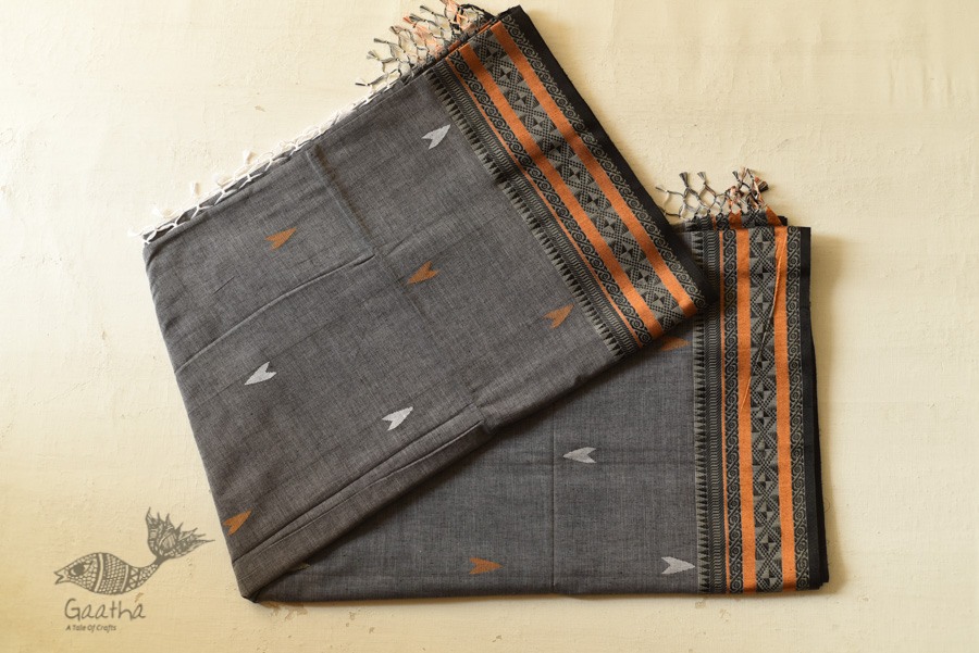 shop Handloom Cotton Grey Saree With Woven Border