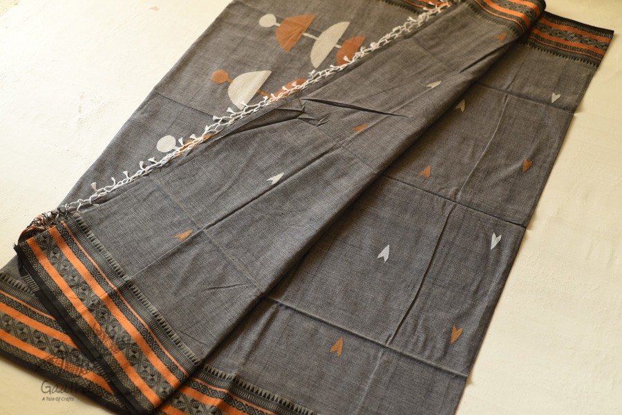 shop Handloom Cotton Grey Saree With Woven Border