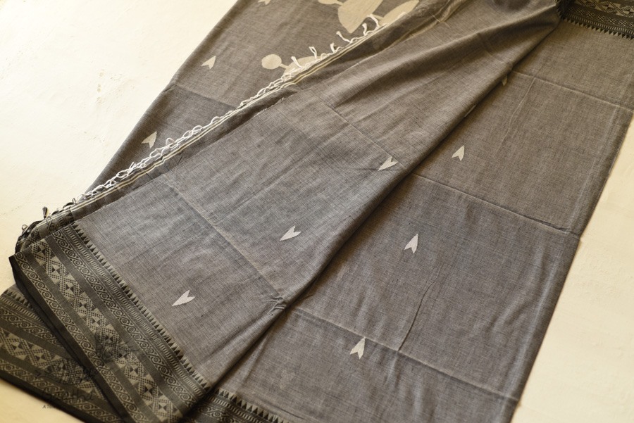 shop Handloom Cotton Grey Saree With Woven Border