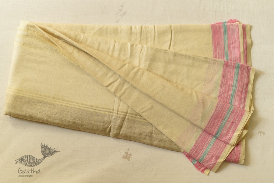 shop Handloom Cotton Dhoti and khes - Off White with Border